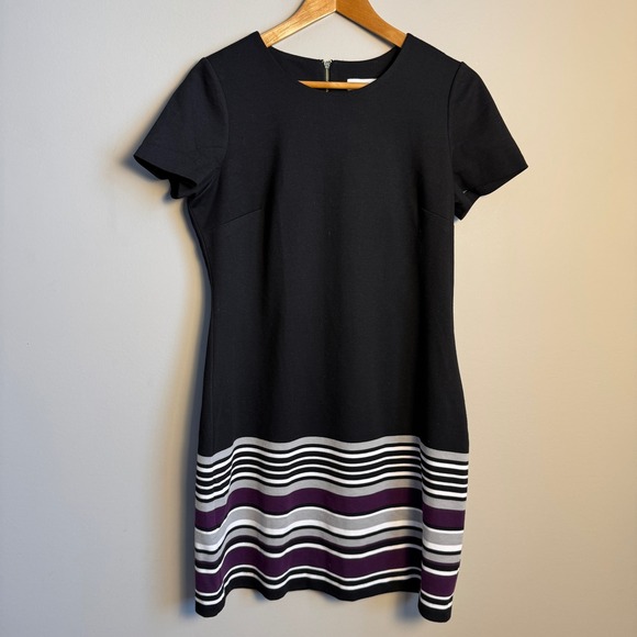 Calvin Klein Dresses & Skirts - Calvin Klein Black Sheath Dress with Striped Hem Size 12 Jersey Casual Rear Zip
